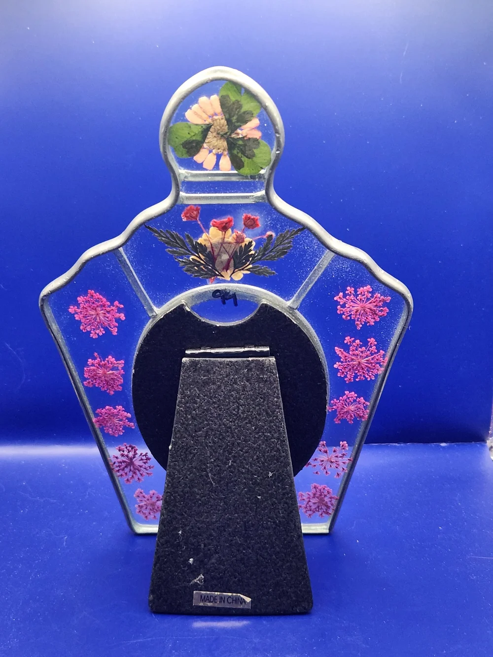 Vintage French Country Style Glass Photo Frame W/Pressed Flowers & Pewter Finish